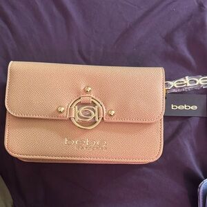 Bebe Blush light brown Clutch with Gold Accents